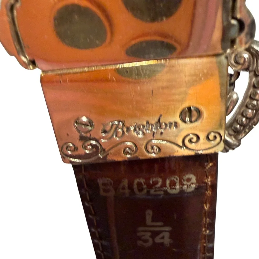Brighton Black Croc Embossed Leather Belt Silver Heart Charm Buckle Western 34